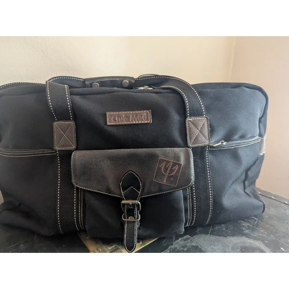 Vintage Club Med Duffel Bag Canvas Leather Trim Weekender Gym Travel